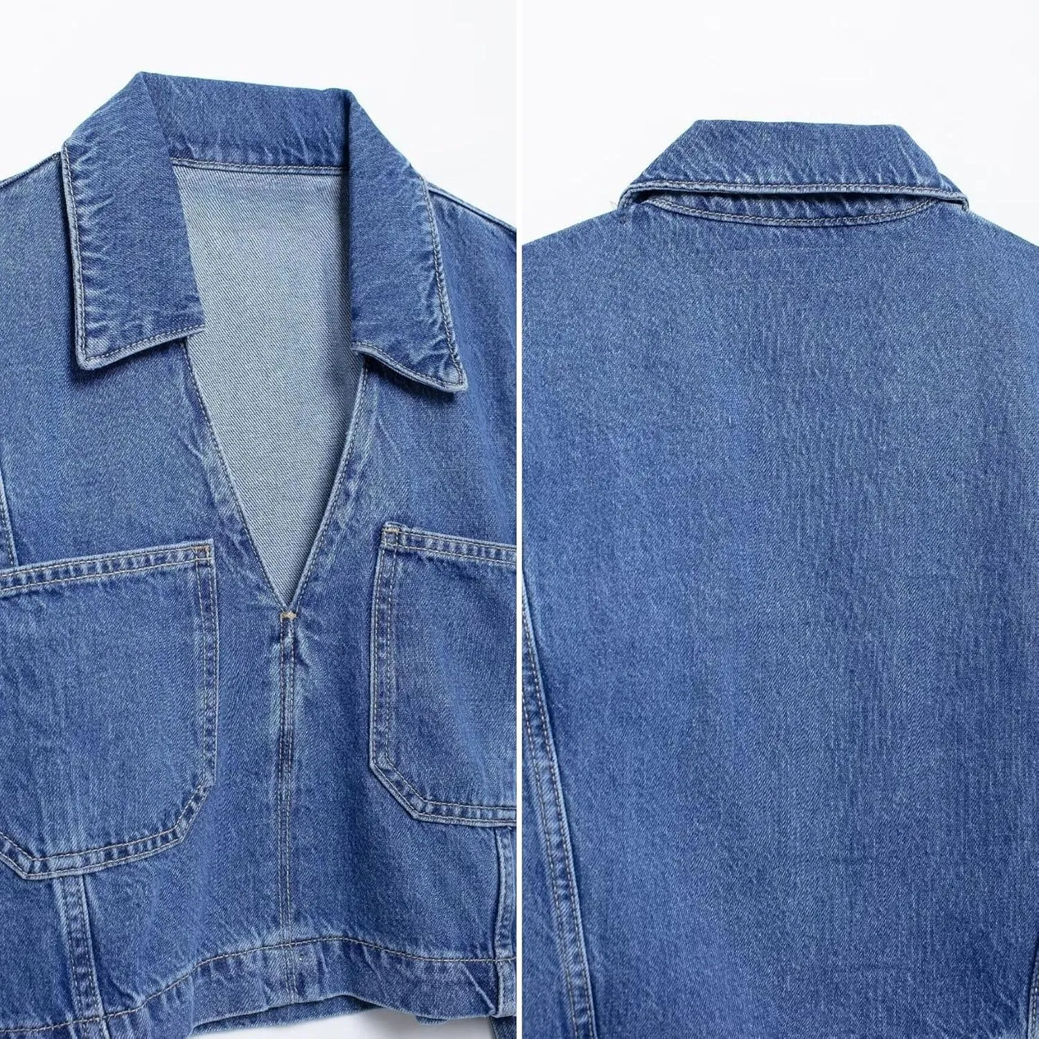 FindThy Womens Denim Shirt Trendy V-Neck Long Sleeve Cropped Blouse Top with Two Pockets