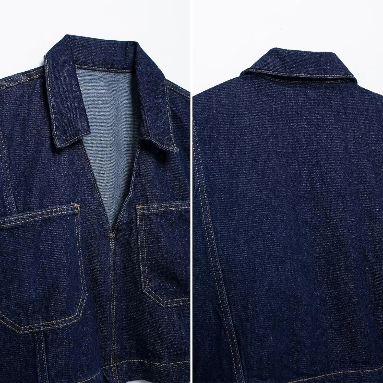 FindThy Womens Denim Shirt Trendy V-Neck Long Sleeve Cropped Blouse Top with Two Pockets