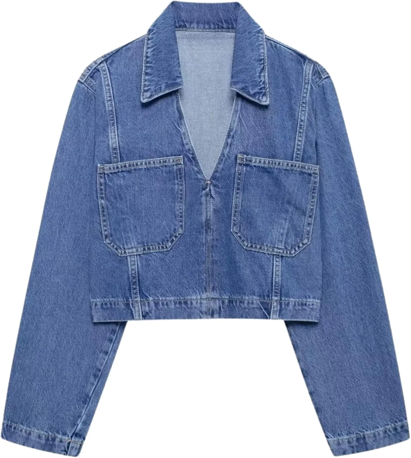 FindThy Womens Denim Shirt Trendy V-Neck Long Sleeve Cropped Blouse Top with Two Pockets