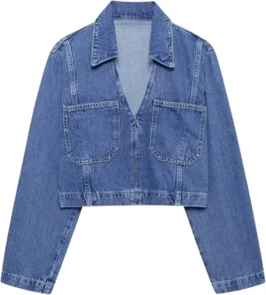 FindThy Womens Denim Shirt Trendy V-Neck Long Sleeve Cropped Blouse Top with Two Pockets