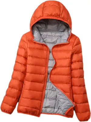 Fjnbbiot Women Winter Jackets Autumn Winter Reversible Hooded Windproof White Duck Down Coats Ultra Light Portable Puffer Parkas Orange XL
