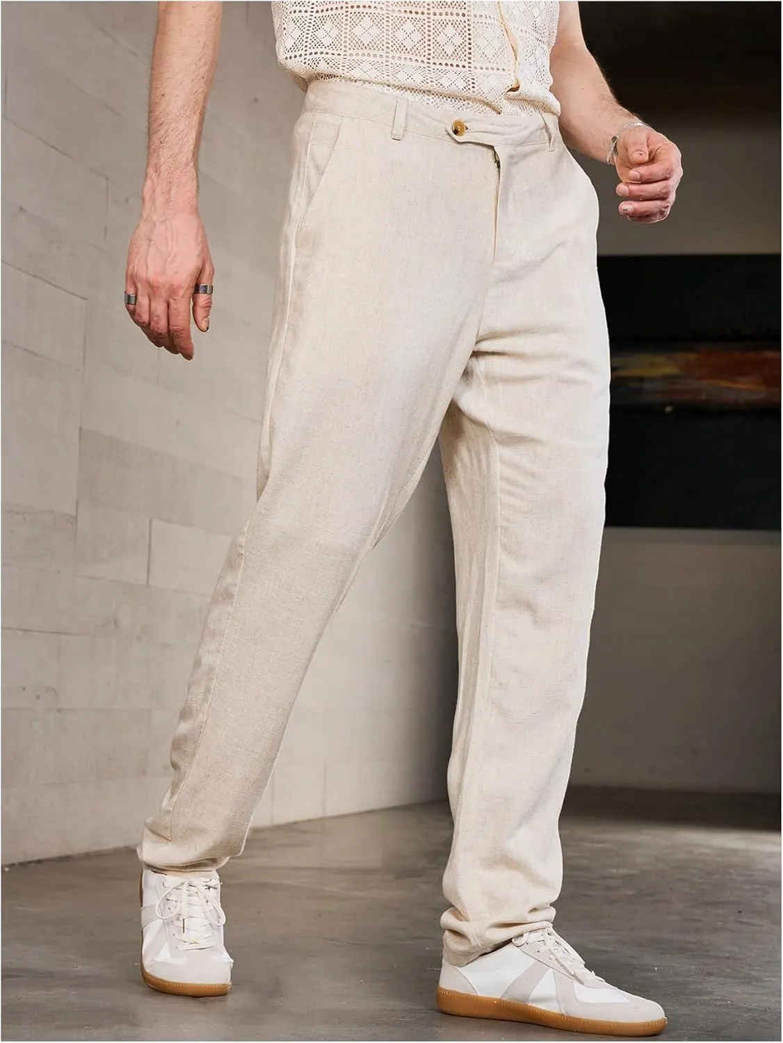 Floerns Men's Straight Leg Linen Loose Long Pants Casual Work Business Trousers with Pockets