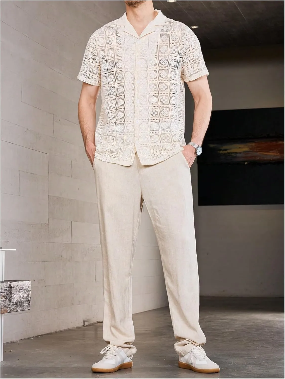 Floerns Men's Straight Leg Linen Loose Long Pants Casual Work Business Trousers with Pockets