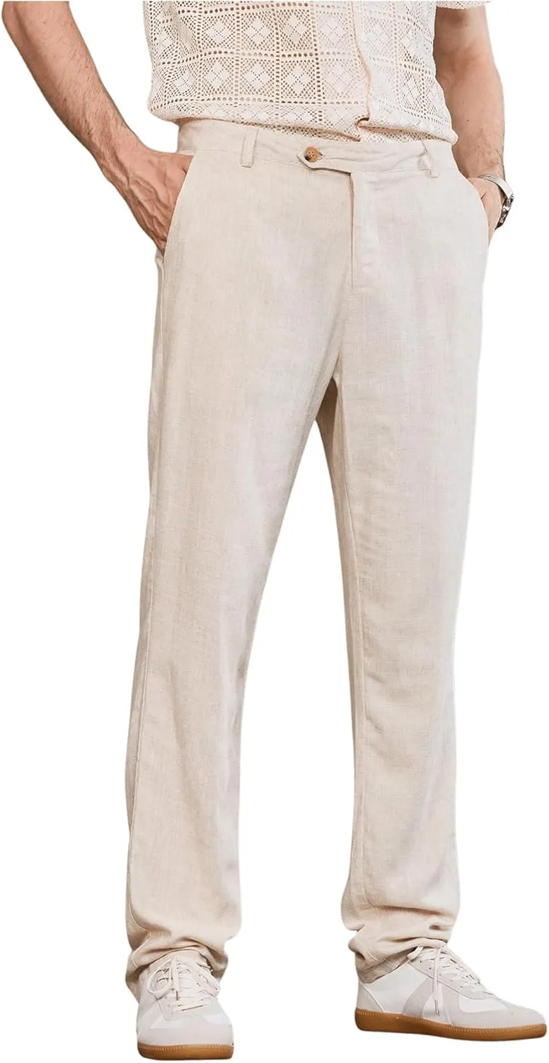 Floerns Men's Straight Leg Linen Loose Long Pants Casual Work Business Trousers with Pockets