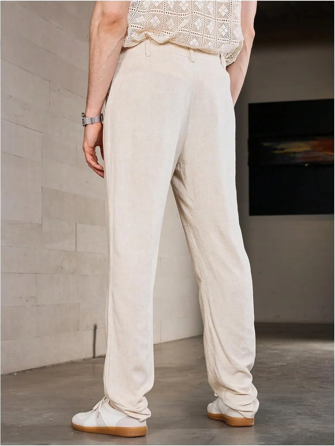 Floerns Men's Straight Leg Linen Loose Long Pants Casual Work Business Trousers with Pockets