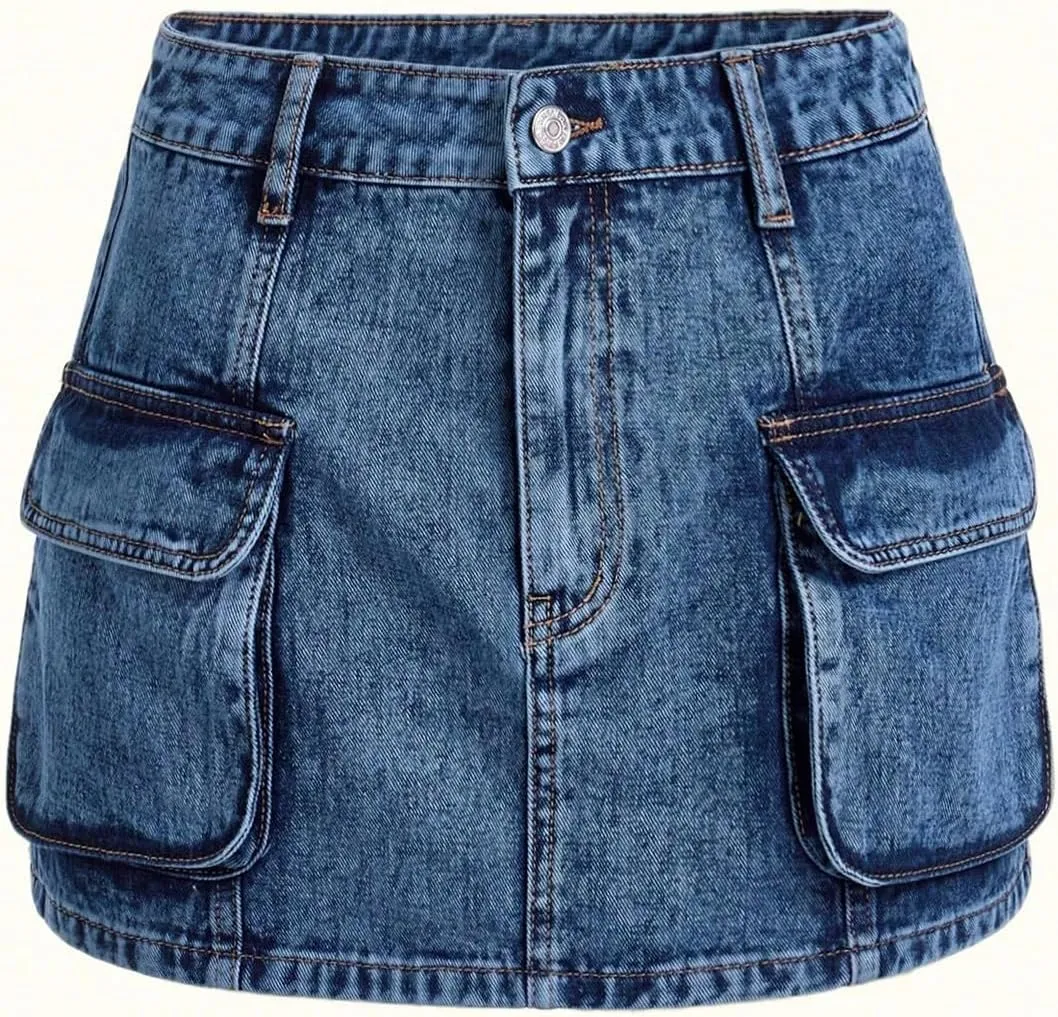Floerns Women's High Waisted Denim Mini Skirt Flap Pocket Bodycon Jean Cargo Skirts