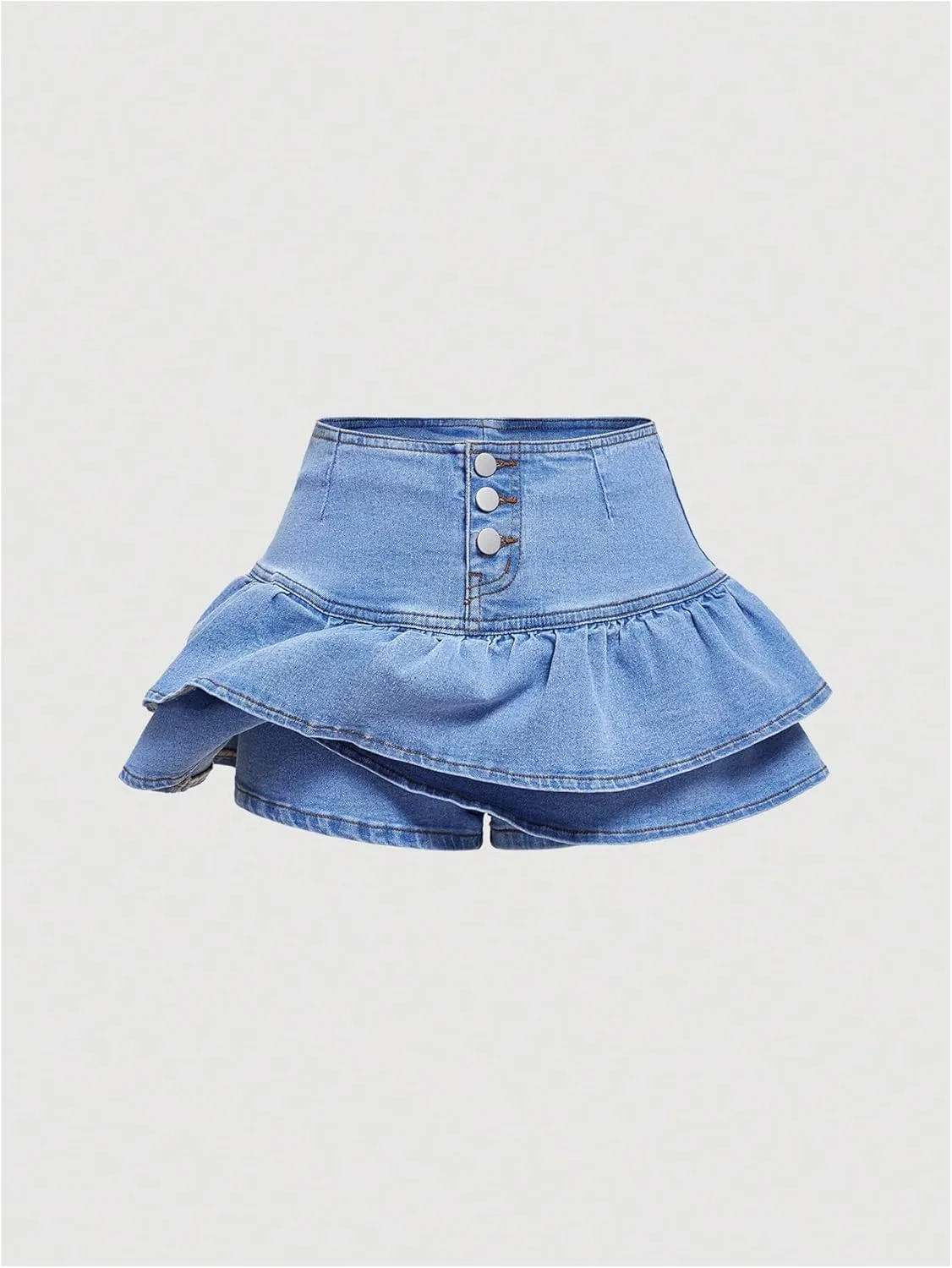 Floerns Women's Ruffle Hem Layered Denim Shorts Button Down Flare Mini Jean Skorts