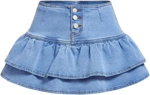 Floerns Women's Ruffle Hem Layered Denim Shorts Button Down Flare Mini Jean Skorts