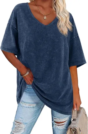Flowyair Womens Oversized T Shirts Summer Loose Fit Cotton Short Sleeve Basic Tees Casual V Neck Boyfriend Tunic Tops