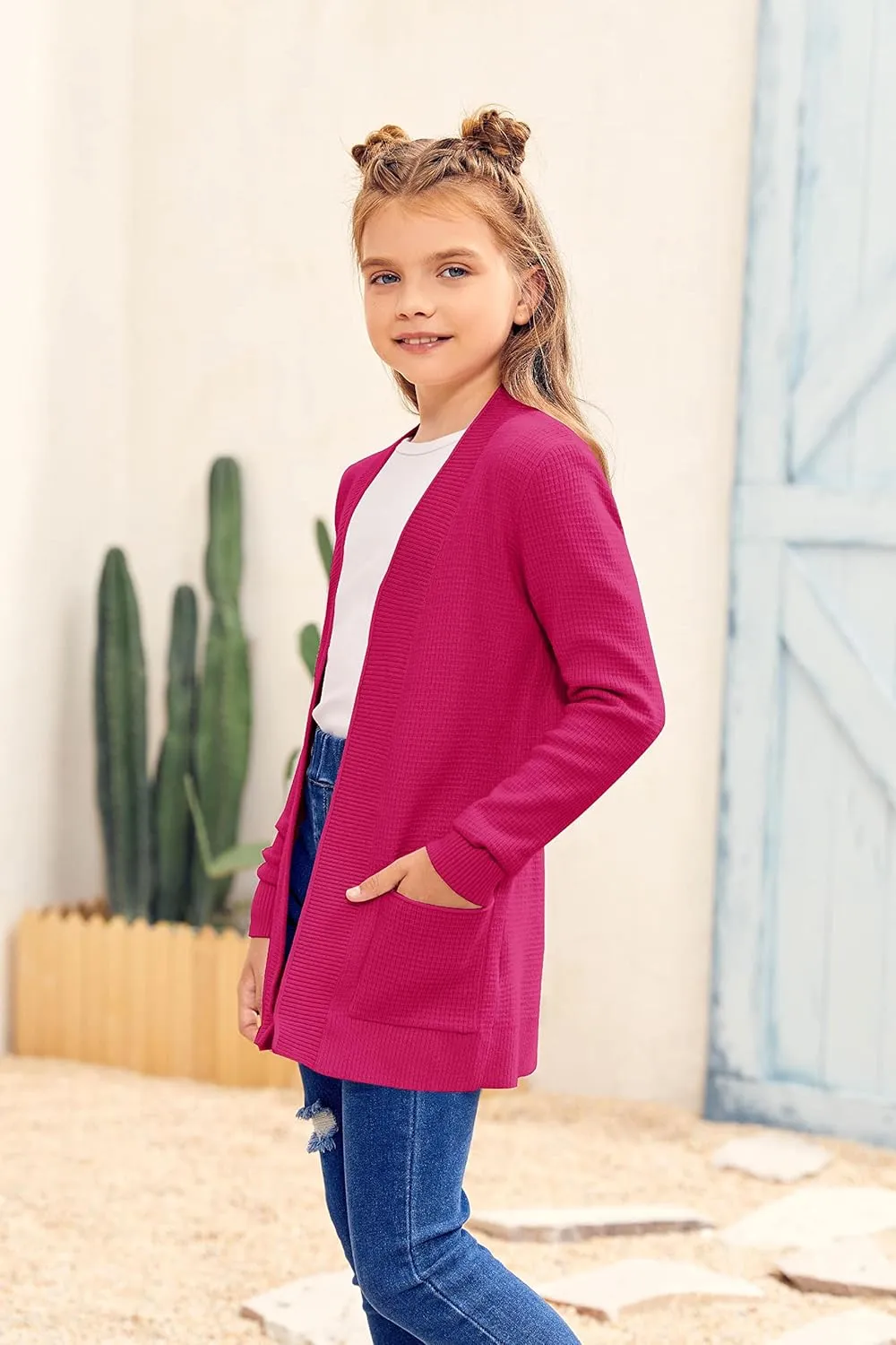 Girls Long Sleeve Casual Cardigan Kids Open Front Soft Knit Oversized Sweater with Pockets