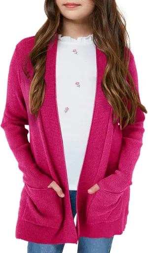 Girls Long Sleeve Casual Cardigan Kids Open Front Soft Knit Oversized Sweater with Pockets