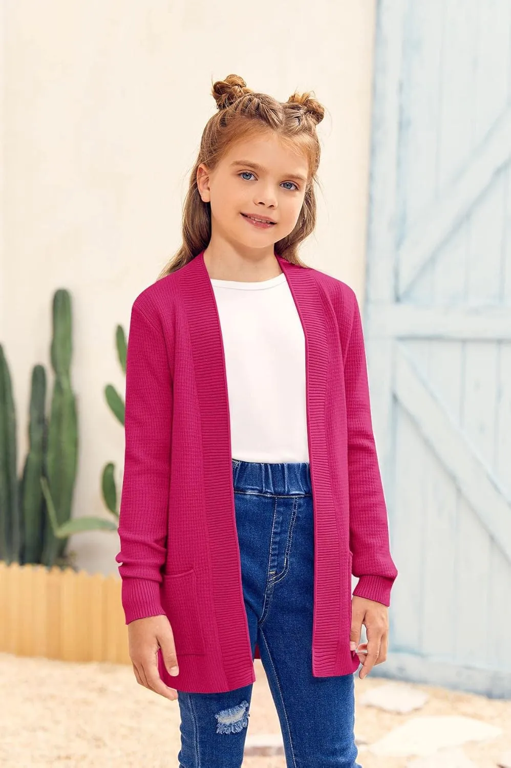 Girls Long Sleeve Casual Cardigan Kids Open Front Soft Knit Oversized Sweater with Pockets