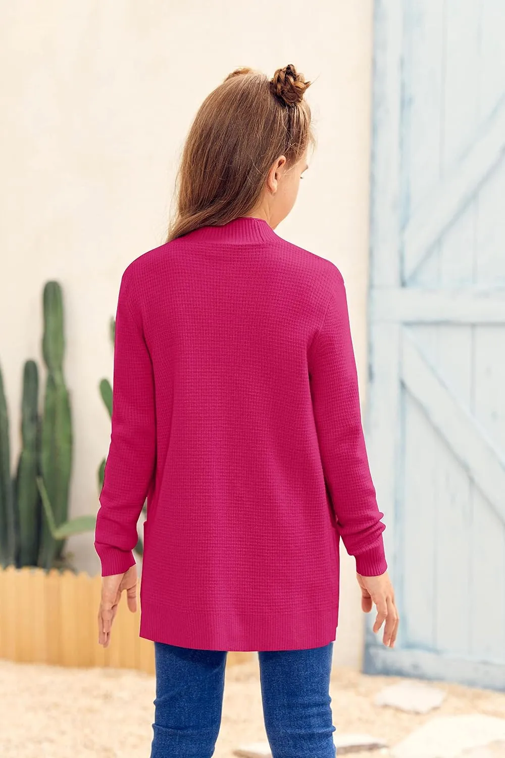Girls Long Sleeve Casual Cardigan Kids Open Front Soft Knit Oversized Sweater with Pockets