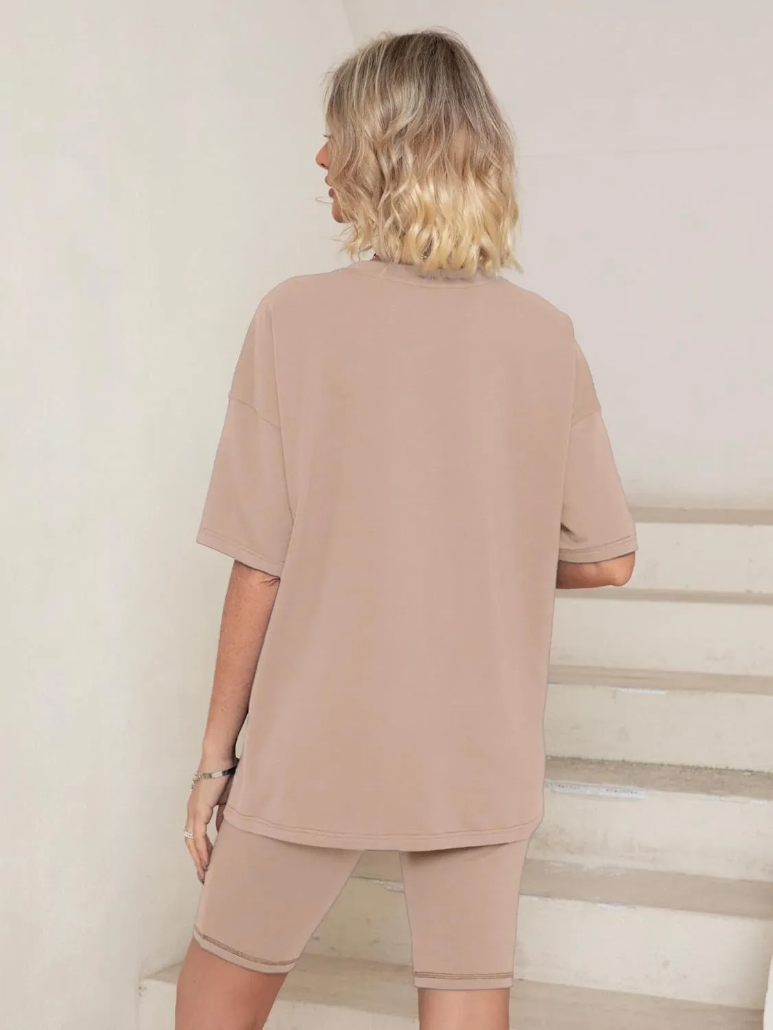 Glamaker Women 2 Piece Outfit sets Casual Oversized T-Shirt Tops Biker Shorts Workout Sports Tracksuit