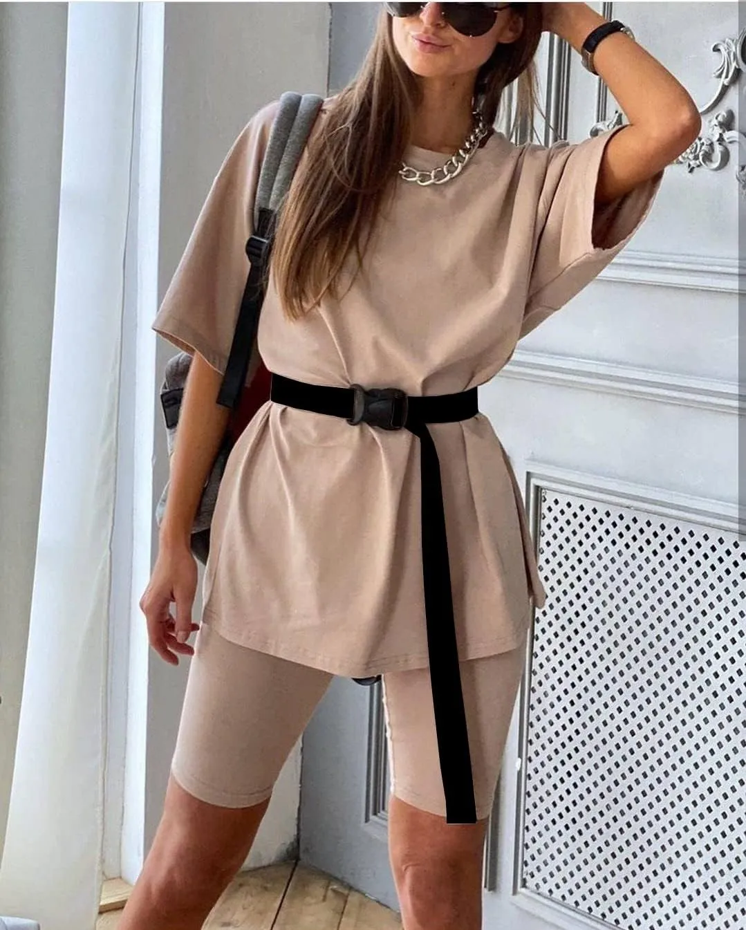 Glamaker Women 2 Piece Outfit sets Casual Oversized T-Shirt Tops Biker Shorts Workout Sports Tracksuit