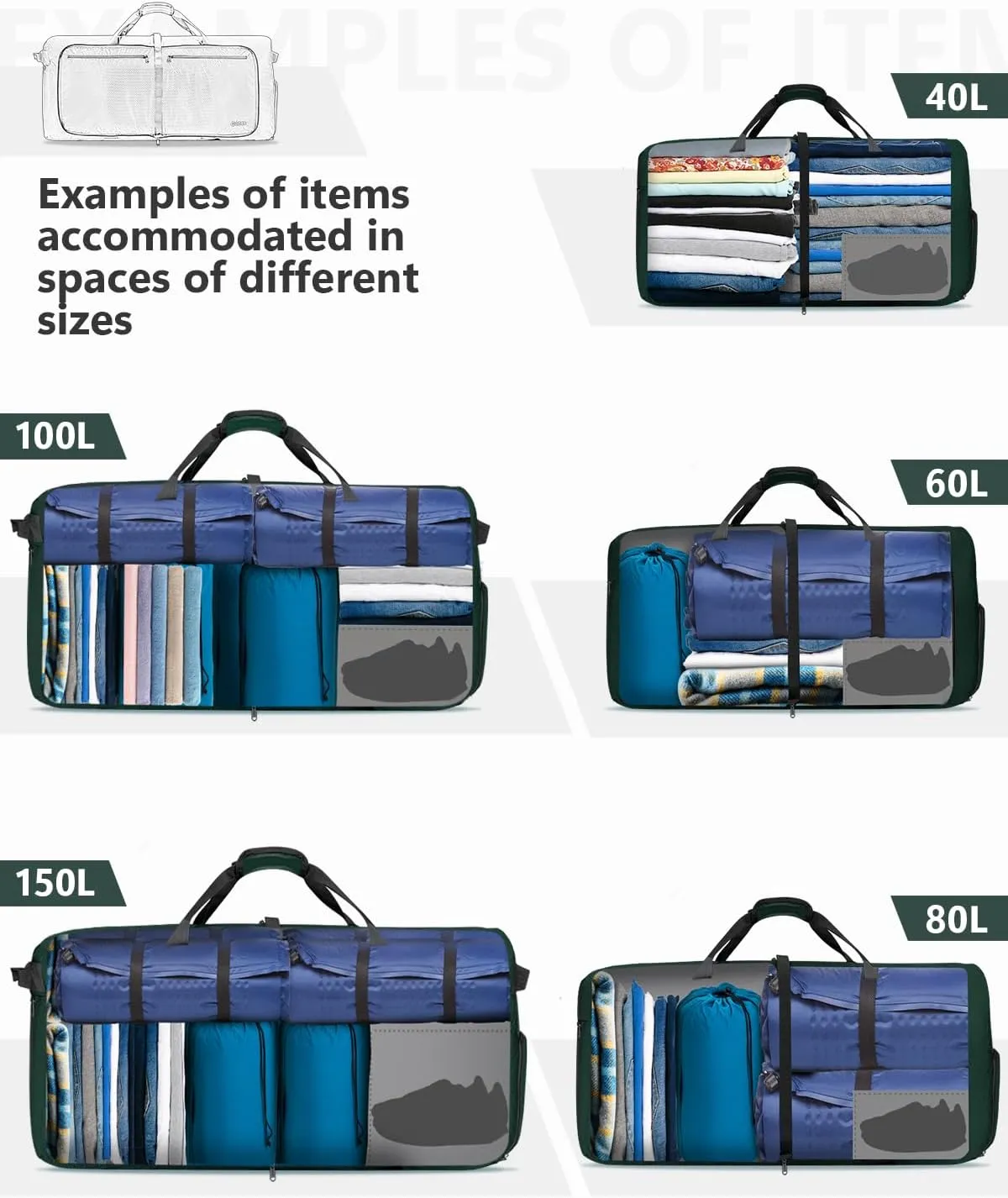 Gonex 40L 60L 80L 100L 150L Large Foldable Travel Duffle Bag with Shoes Compartment, Packable Lightweight Water Repellent Duffel Bag for Camping Gym Weekender Bag, Blackish Green, 100L, Shoes