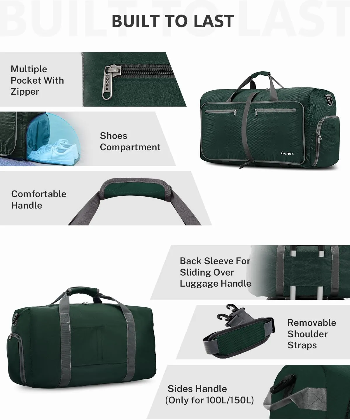Gonex 40L 60L 80L 100L 150L Large Foldable Travel Duffle Bag with Shoes Compartment, Packable Lightweight Water Repellent Duffel Bag for Camping Gym Weekender Bag, Blackish Green, 100L, Shoes