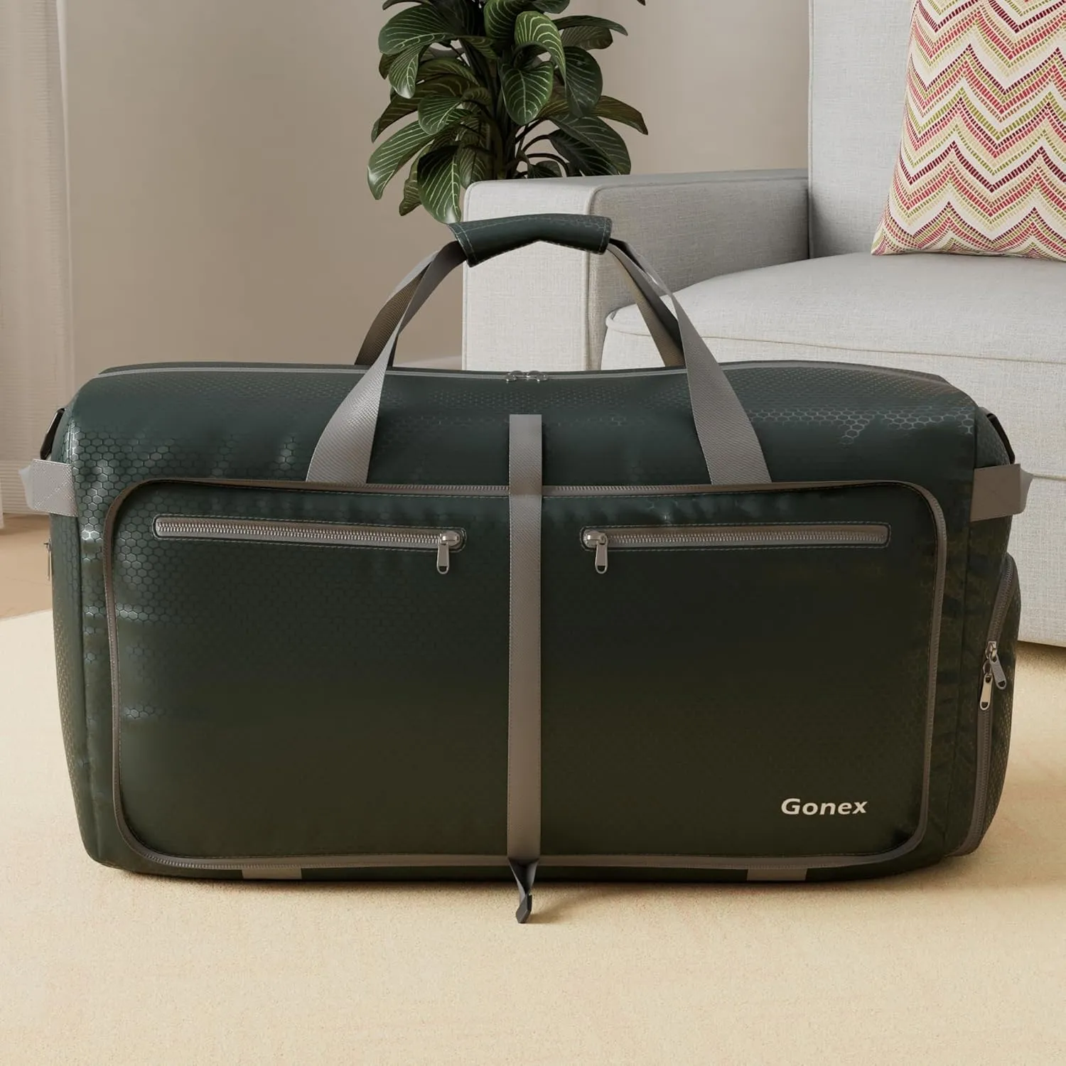Gonex 40L 60L 80L 100L 150L Large Foldable Travel Duffle Bag with Shoes Compartment, Packable Lightweight Water Repellent Duffel Bag for Camping Gym Weekender Bag, Blackish Green, 100L, Shoes