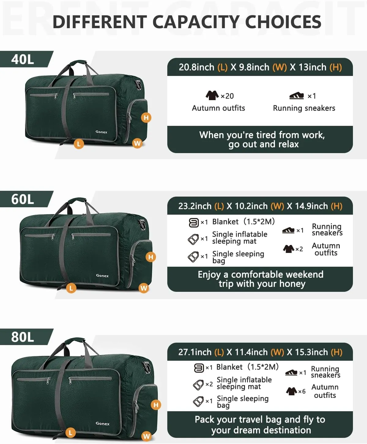Gonex 40L 60L 80L 100L 150L Large Foldable Travel Duffle Bag with Shoes Compartment, Packable Lightweight Water Repellent Duffel Bag for Camping Gym Weekender Bag, Blackish Green, 100L, Shoes