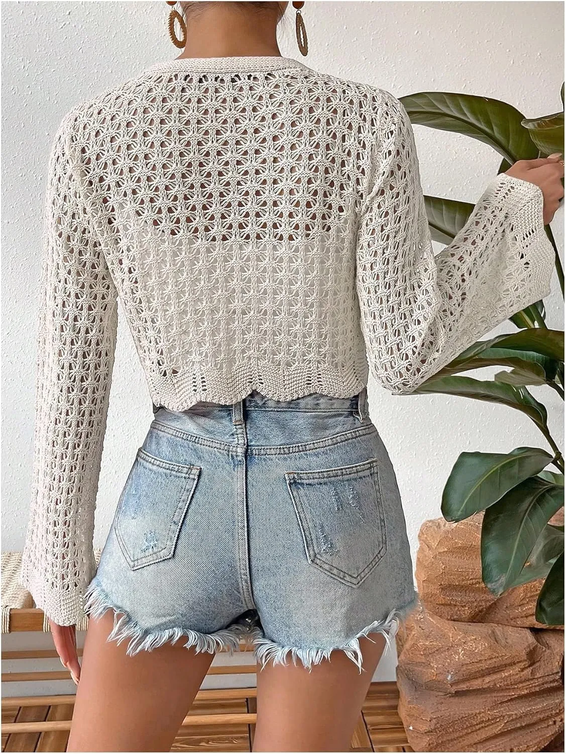 GORGLITTER Women's Crochet Tie Front Tops Bell Long Sleeve Cropped Cardigan Summer Beach Festival Boho Tops 2025