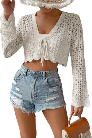 GORGLITTER Women's Crochet Tie Front Tops Bell Long Sleeve Cropped Cardigan Summer Beach Festival Boho Tops 2025