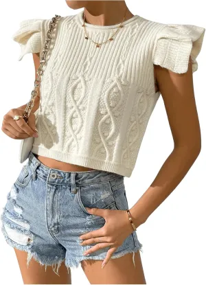 GORGLITTER Women's Short Sleeve Cropped Sweater Vest Cable Knit Ruffle Sweater Tank Top Pullover Tops