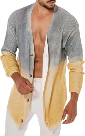 Gradient Cardigan Sweater for Men Long Sleeve V Neck Button Open Front Knit Lightweight Soft Comfy Sweater Outwear