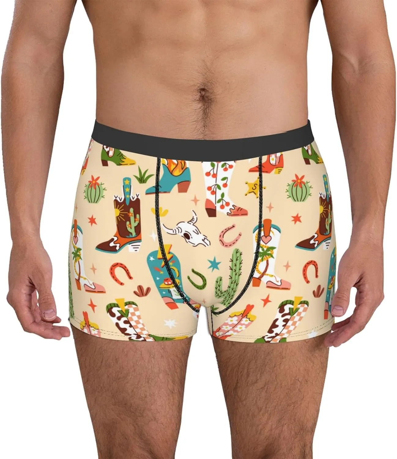 Groovy American Western Footwear Print Boxer Briefs For Men Breathable Underwear-