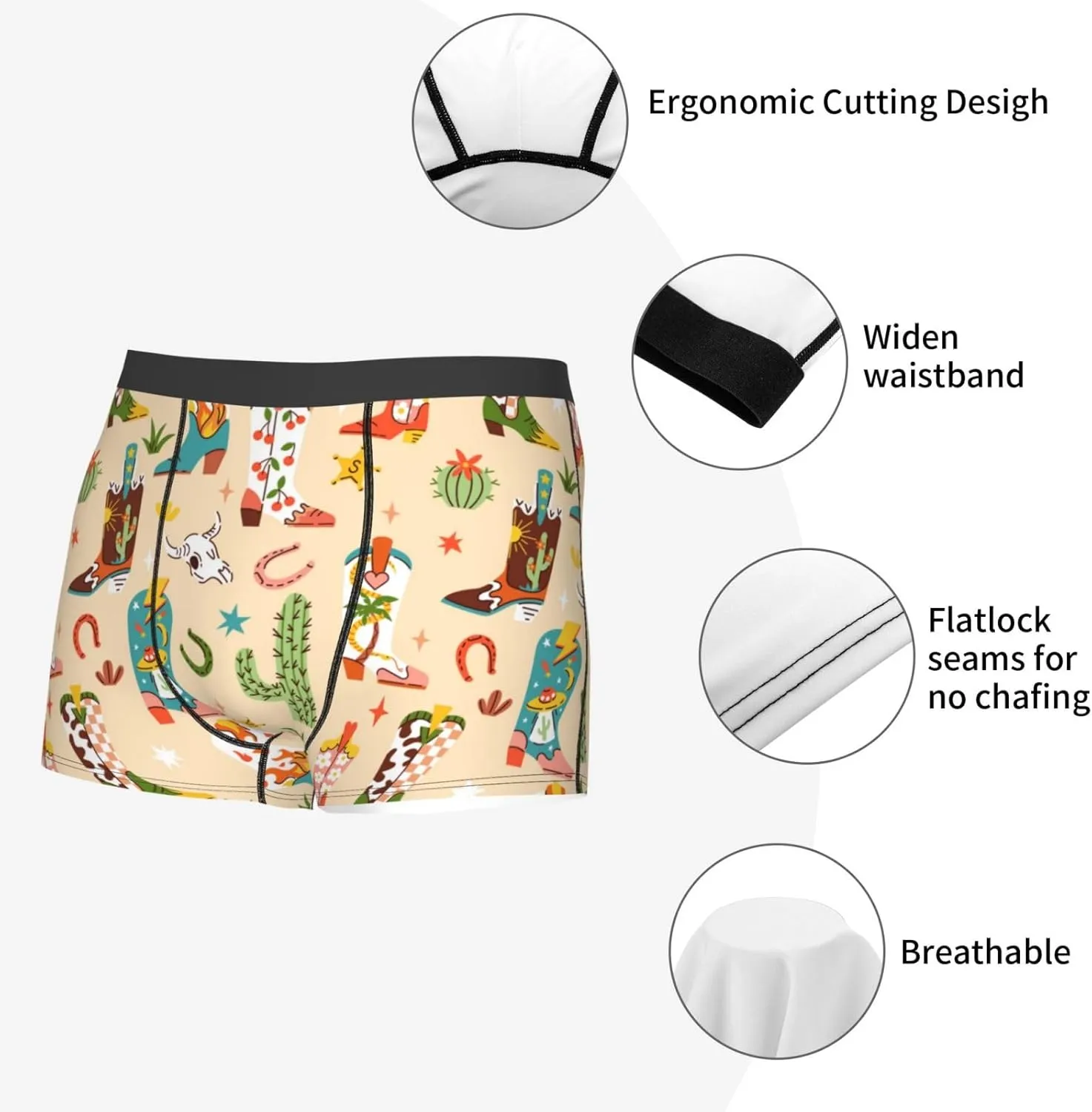 Groovy American Western Footwear Print Boxer Briefs For Men Breathable Underwear-