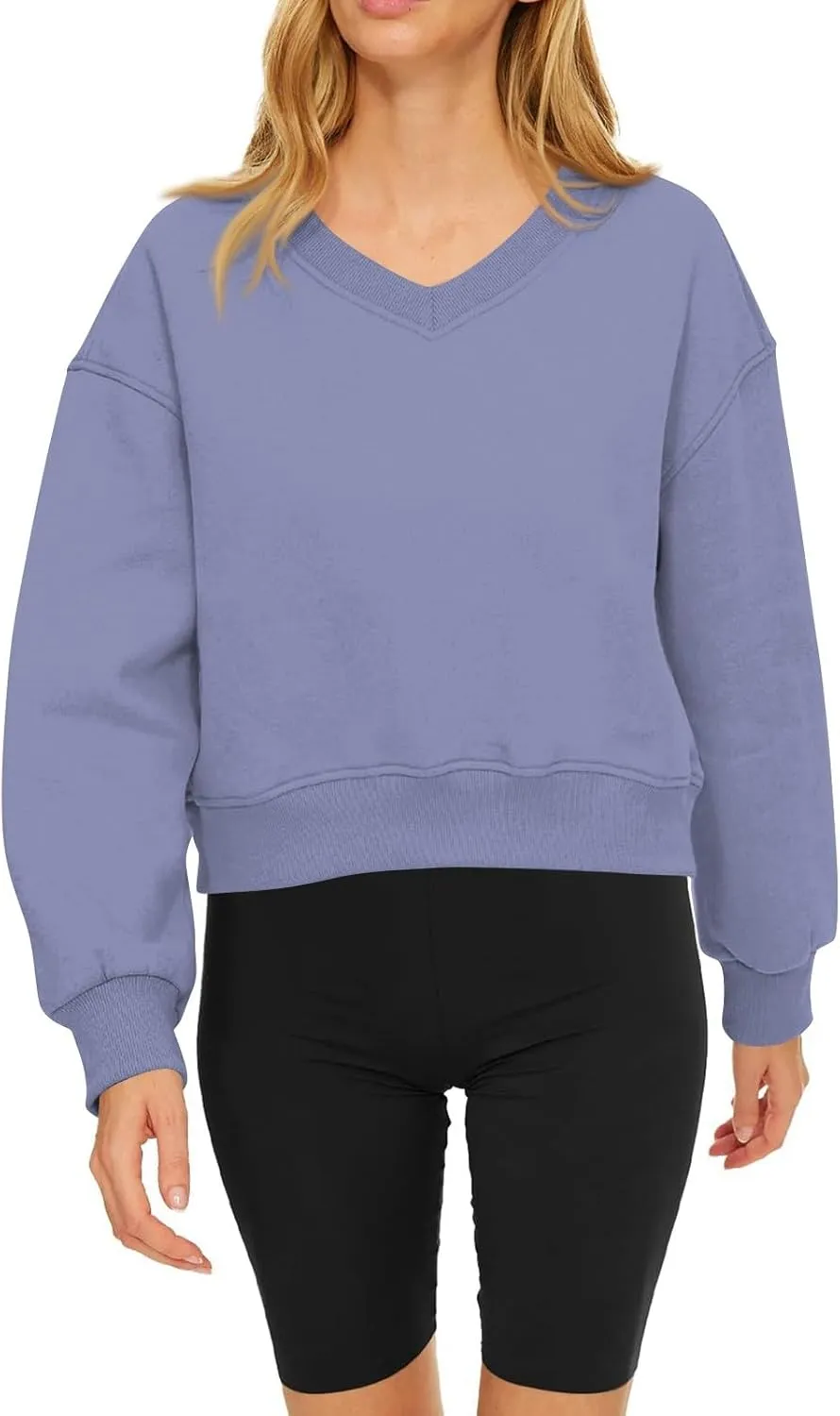 Gumipy Oversized Sweatshirt for Women Trendy V Neck Cropped Sweatshirts Casual Long Sleeve Fleece Pullover Spring Outfits