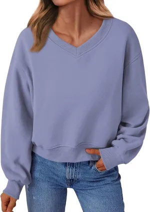 Gumipy Oversized Sweatshirt for Women Trendy V Neck Cropped Sweatshirts Casual Long Sleeve Fleece Pullover Spring Outfits