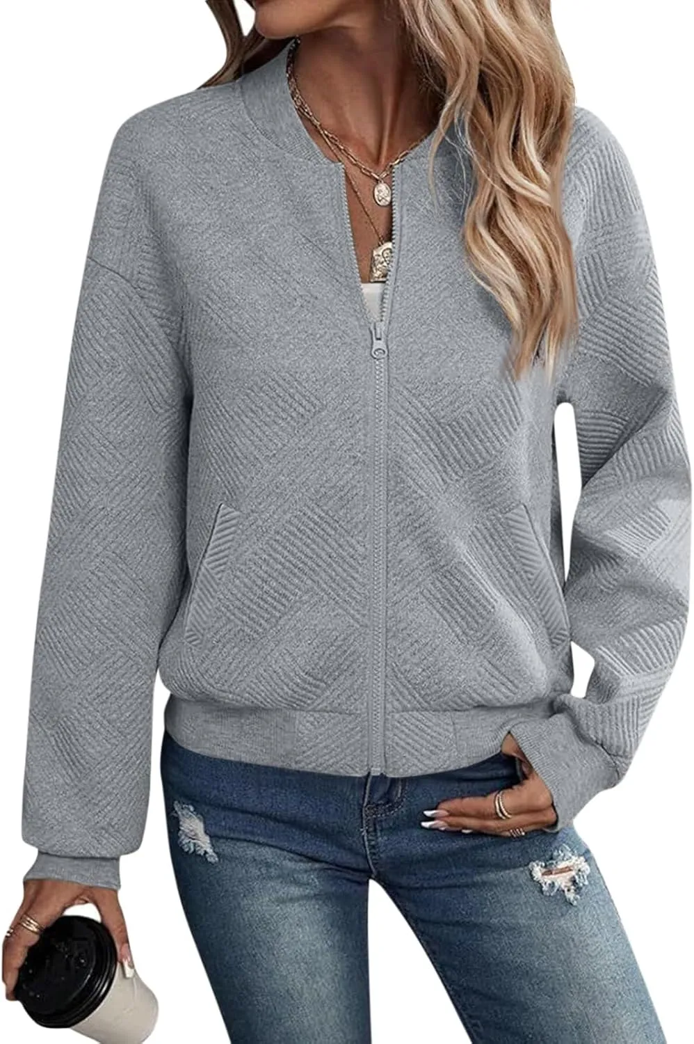 Gumipy Zip Up Jackets for Women Textured Knit Zip Up Sweatshirt Trendy Long Sleeve Crewneck Sweatshirts Hoodies with Pockets