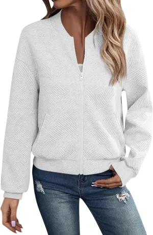 Gumipy Zip Up Jackets for Women Textured Knit Zip Up Sweatshirt Trendy Long Sleeve Crewneck Sweatshirts Hoodies with Pockets