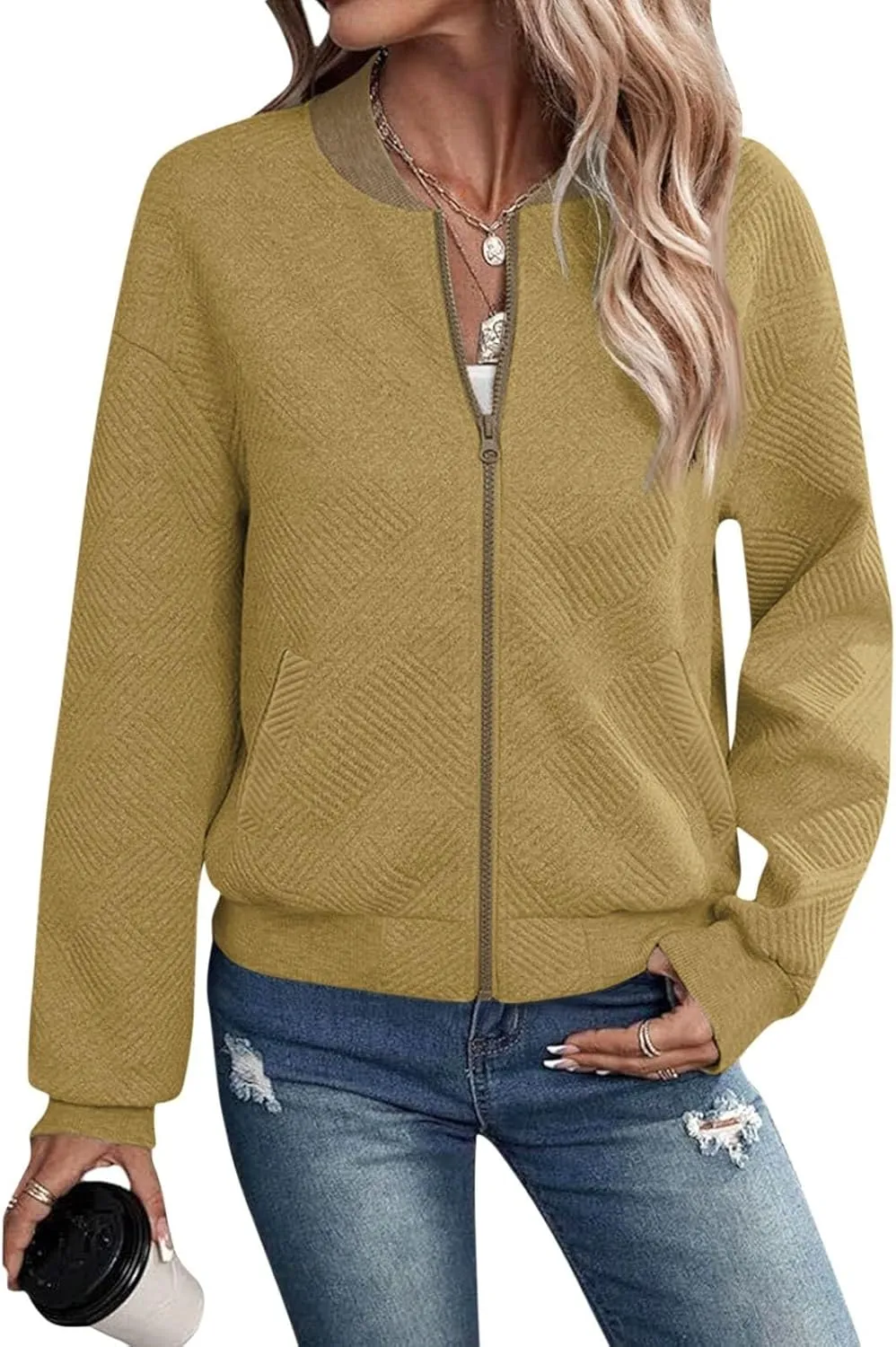 Gumipy Zip Up Jackets for Women Textured Knit Zip Up Sweatshirt Trendy Long Sleeve Crewneck Sweatshirts Hoodies with Pockets