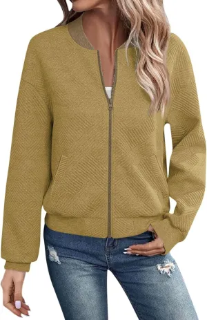 Gumipy Zip Up Jackets for Women Textured Knit Zip Up Sweatshirt Trendy Long Sleeve Crewneck Sweatshirts Hoodies with Pockets