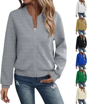 Gumipy Zip Up Jackets for Women Textured Knit Zip Up Sweatshirt Trendy Long Sleeve Crewneck Sweatshirts Hoodies with Pockets