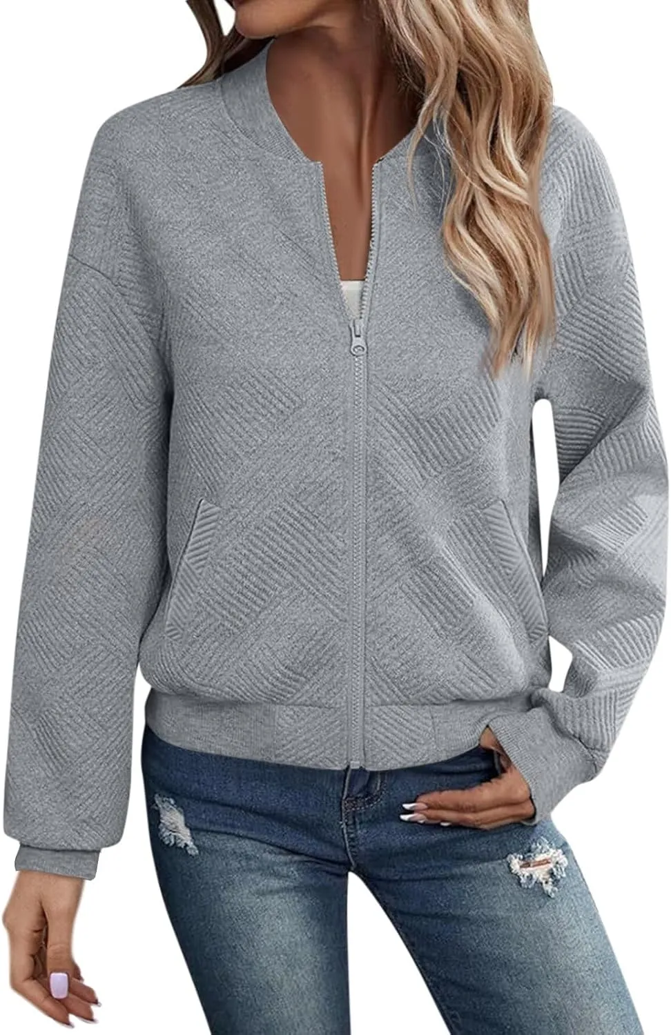 Gumipy Zip Up Jackets for Women Textured Knit Zip Up Sweatshirt Trendy Long Sleeve Crewneck Sweatshirts Hoodies with Pockets