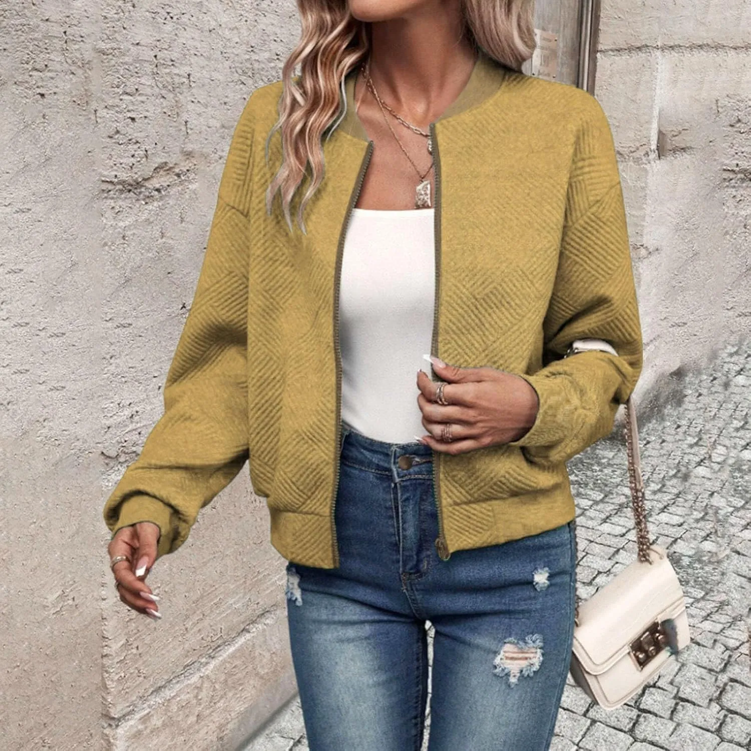 Gumipy Zip Up Jackets for Women Textured Knit Zip Up Sweatshirt Trendy Long Sleeve Crewneck Sweatshirts Hoodies with Pockets