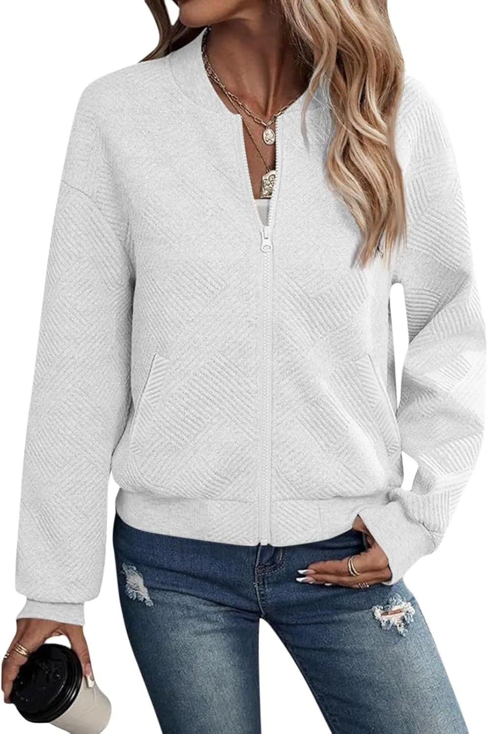 Gumipy Zip Up Jackets for Women Textured Knit Zip Up Sweatshirt Trendy Long Sleeve Crewneck Sweatshirts Hoodies with Pockets