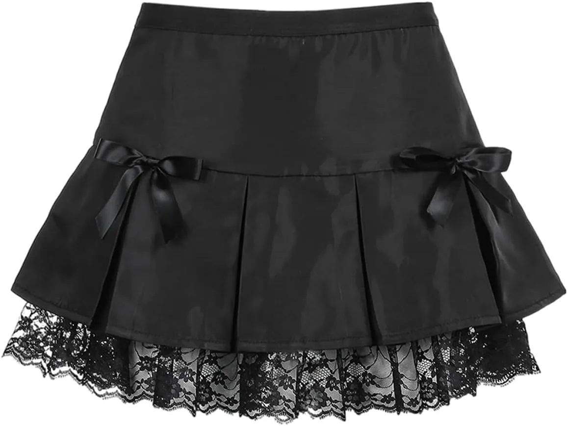 Harajuku Dark Style Mini lace Stitching Pleated Skirt Goth Hottie high Waist tie Ruffle Skirt