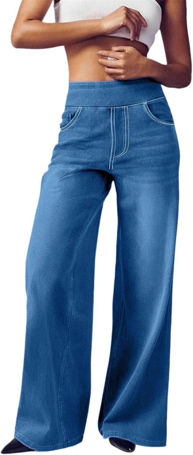 High Waist Wide Leg Jeans for Women Loose Stretch Denim Pant with Pocket Stylish Workout Travel Skinny Casual Outfits