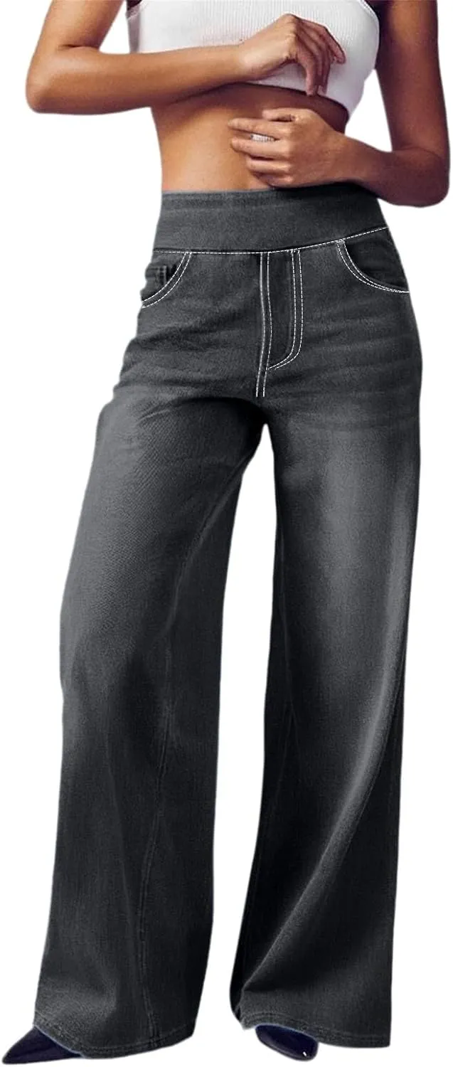 High Waist Wide Leg Jeans for Women Loose Stretch Denim Pant with Pocket Stylish Workout Travel Skinny Casual Outfits