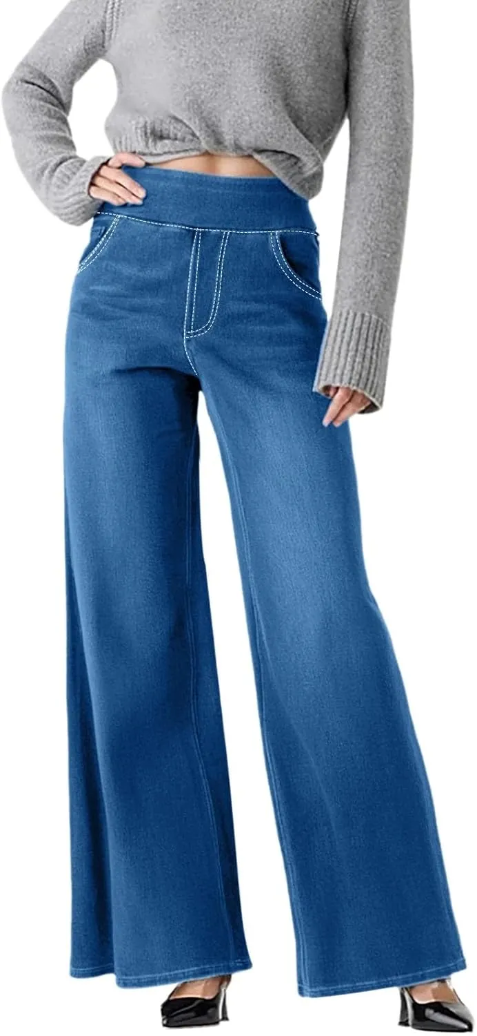 High Waist Wide Leg Jeans for Women Loose Stretch Denim Pant with Pocket Stylish Workout Travel Skinny Casual Outfits