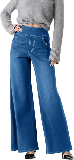 High Waist Wide Leg Jeans for Women Loose Stretch Denim Pant with Pocket Stylish Workout Travel Skinny Casual Outfits