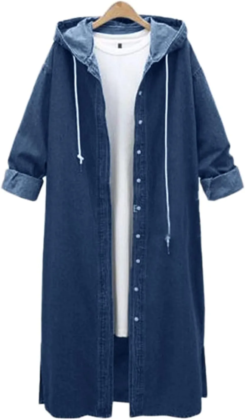 Hooded Outwear Long Casual Denim Women Long Overcoat Jacket Coat Jean Sleeve Women's Blouse Womens Casual Button up