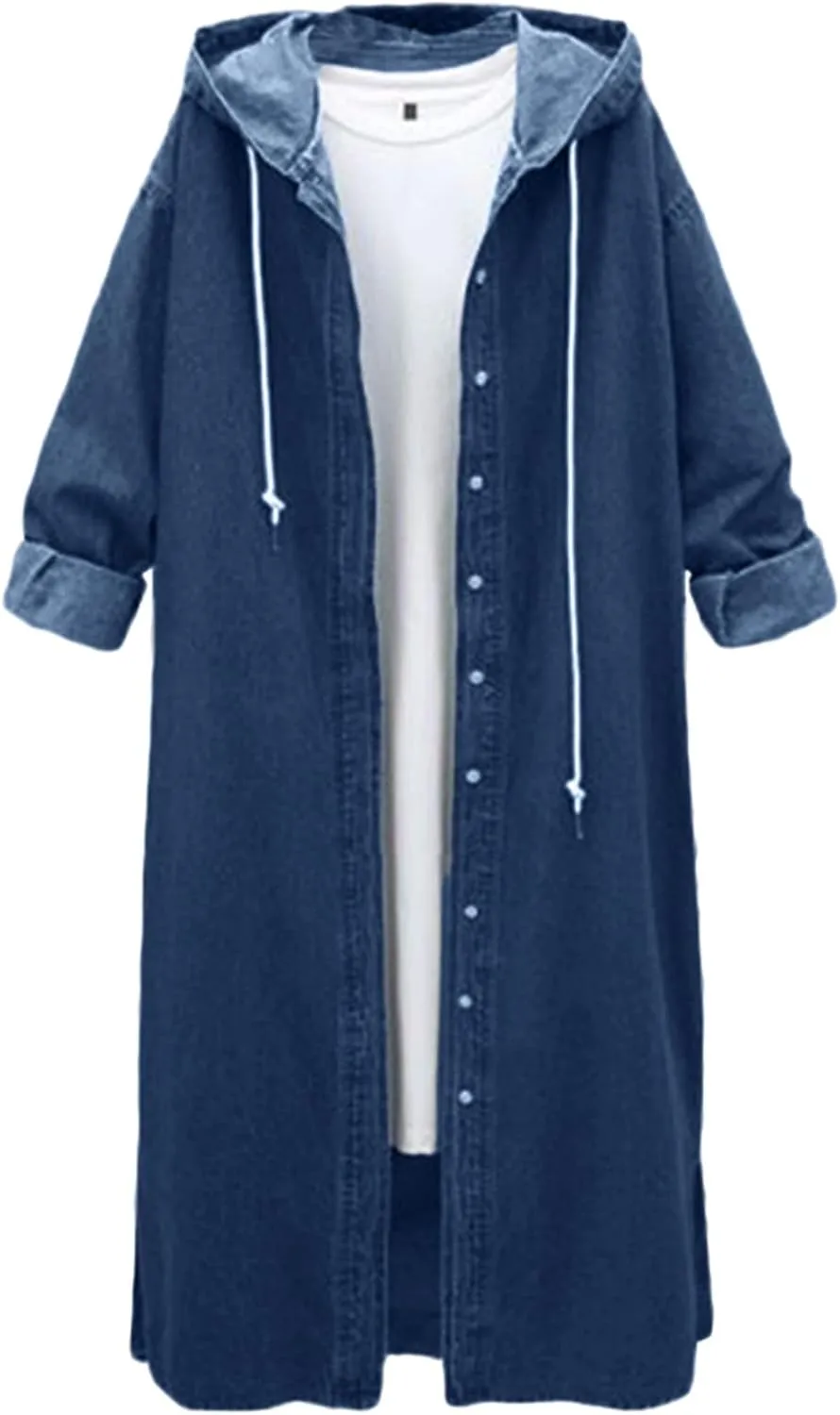Hooded Outwear Long Casual Denim Women Long Overcoat Jacket Coat Jean Sleeve Women's Blouse Womens Casual Button up