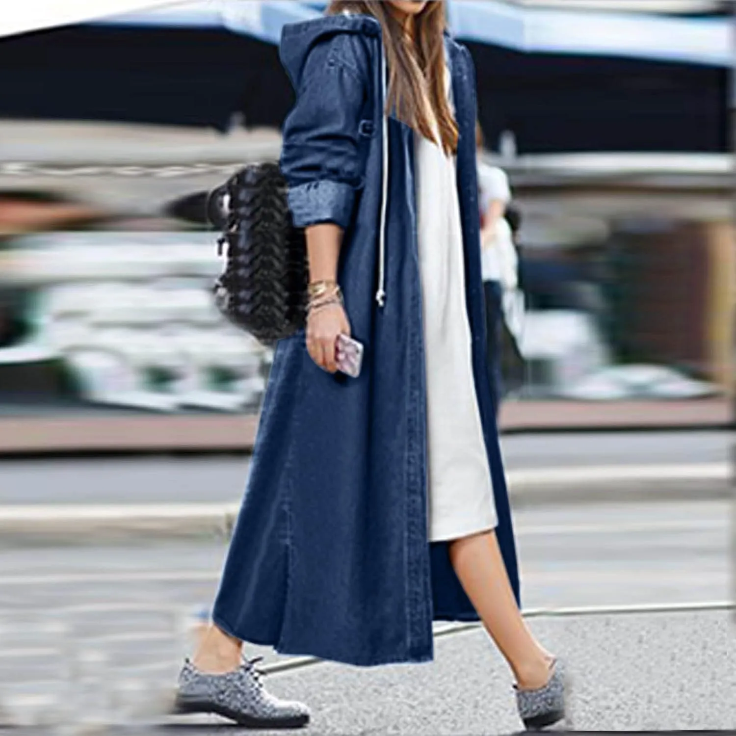 Hooded Outwear Long Casual Denim Women Long Overcoat Jacket Coat Jean Sleeve Women's Blouse Womens Casual Button up
