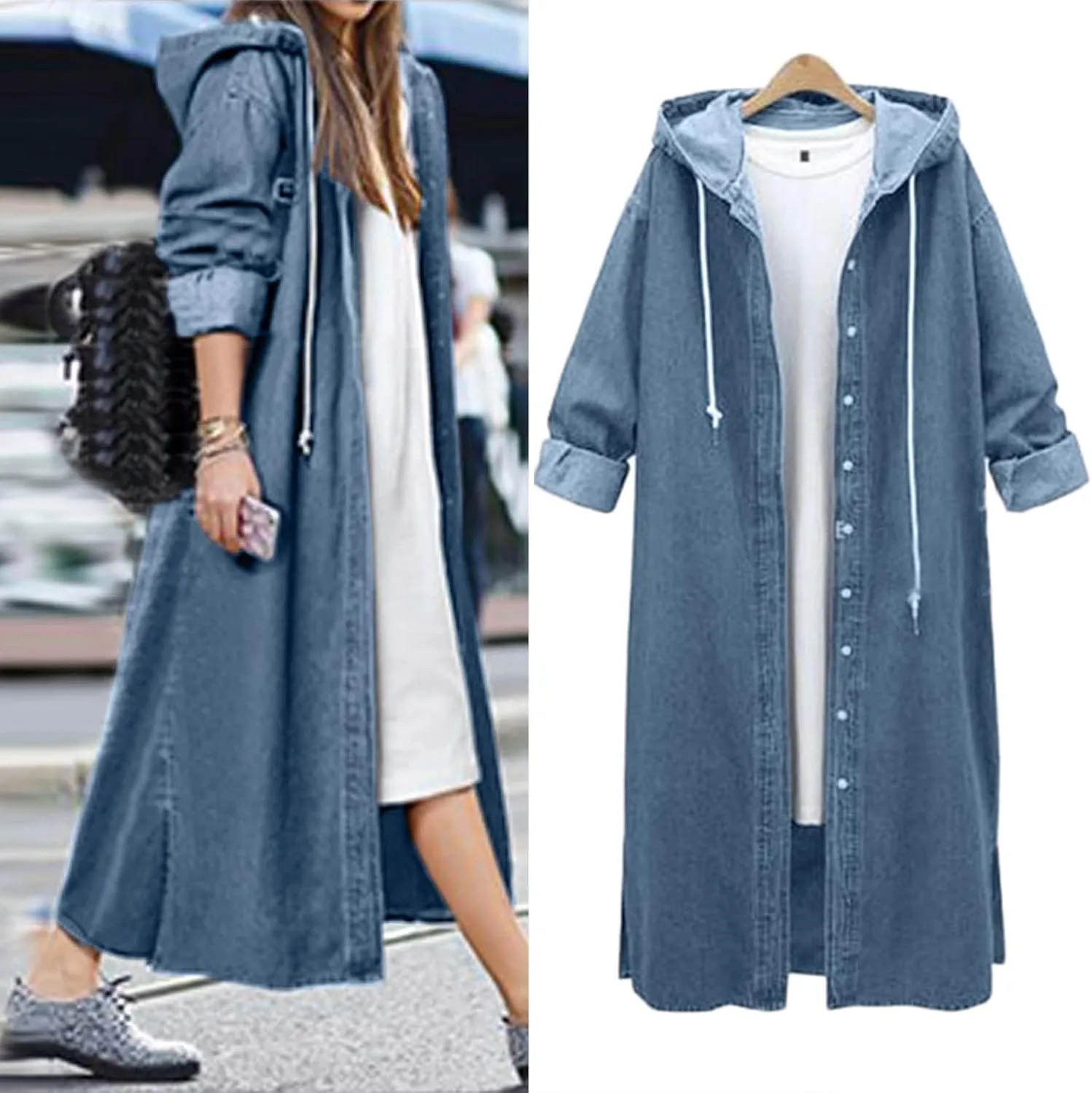 Hooded Outwear Long Casual Denim Women Long Overcoat Jacket Coat Jean Sleeve Women's Blouse Womens Casual Button up