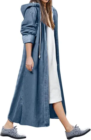 Hooded Outwear Long Casual Denim Women Long Overcoat Jacket Coat Jean Sleeve Women's Blouse Womens Casual Button up