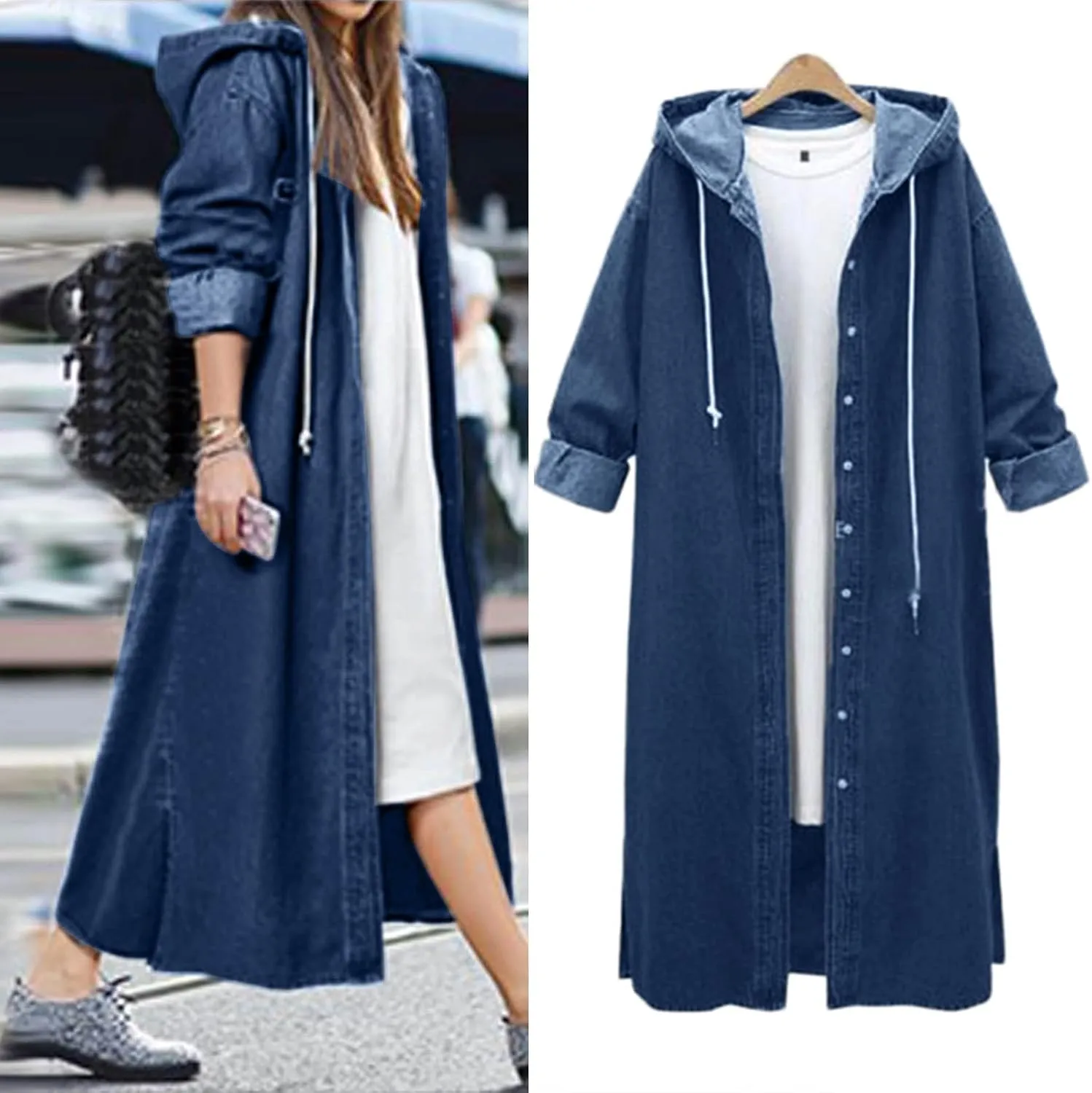 Hooded Outwear Long Casual Denim Women Long Overcoat Jacket Coat Jean Sleeve Women's Blouse Womens Casual Button up
